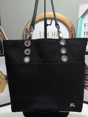 Vintage Burberry Blue Label Black Canvas Eyelet Tote With Leather Straps  🔥🔥